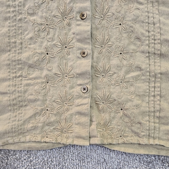 J. Jill 100% Linen Tan Floral Embroidered Pleated Button-Up Shirt Boho Lagenlook - Picture 5 of 8